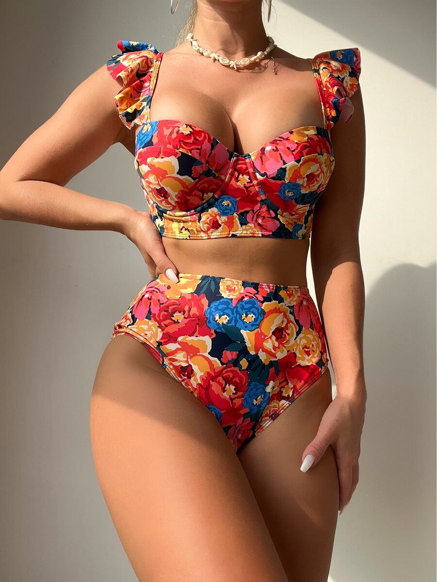 Biquíni Feminino Estampa Floral Cintura Alta com Alças Grossas Laranja