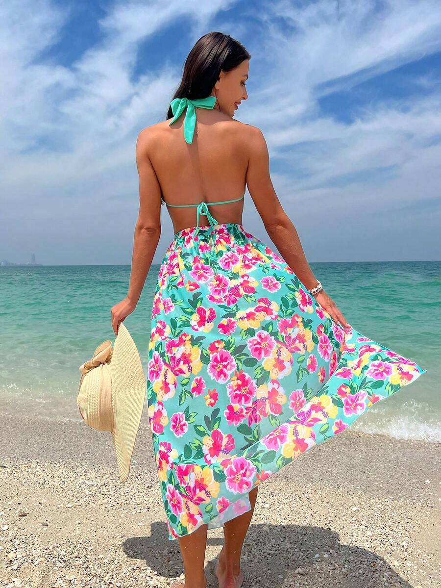 Biquíni Feminino + Saia de Praia Tie Back com Estampa Floral Multicolorido