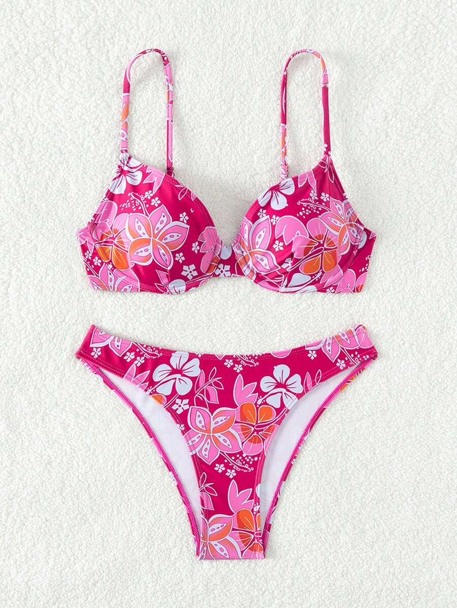 Biquíni Feminino Tie Back com Estampa Tropical Rosa