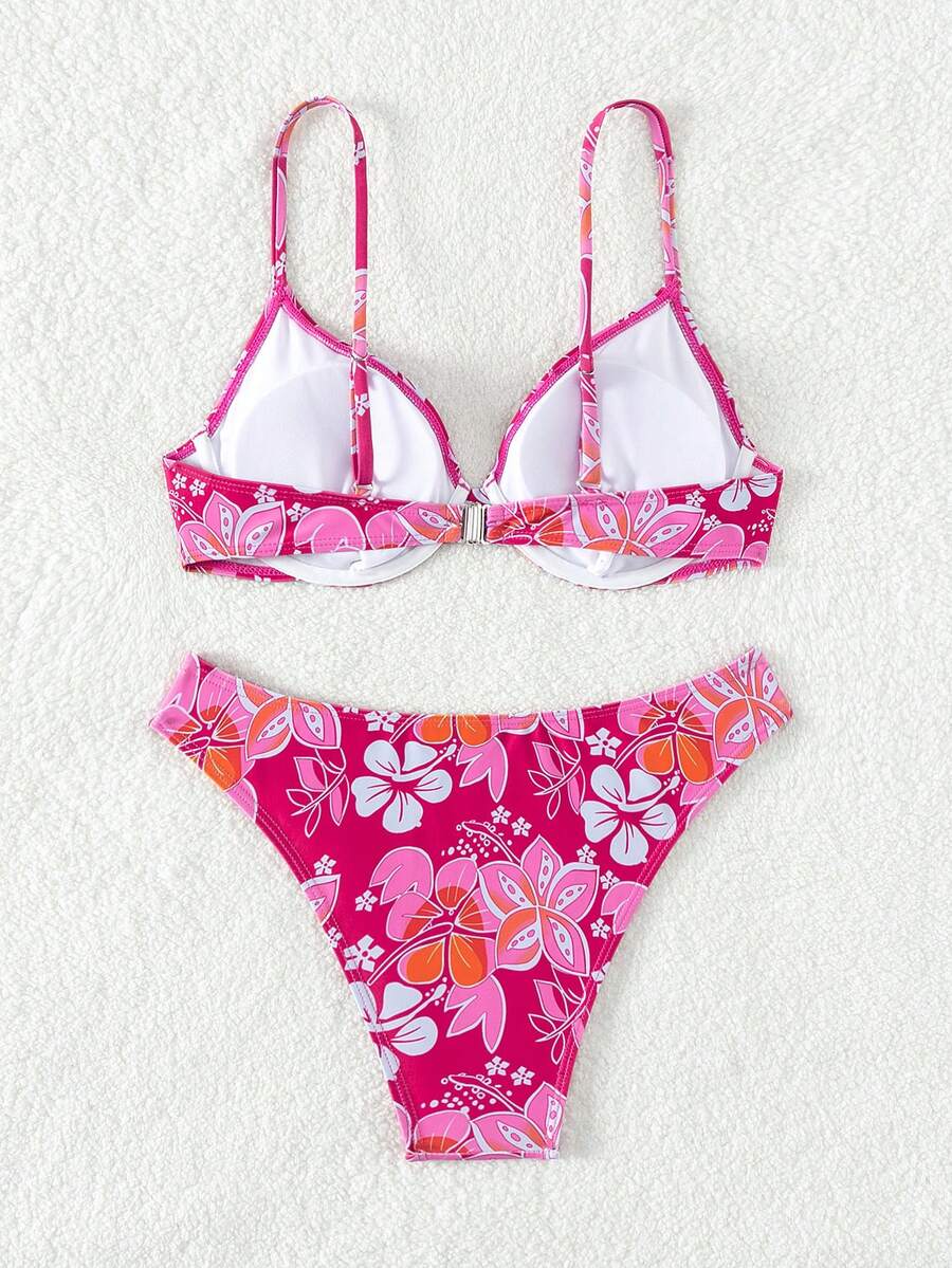 Biquíni Feminino Tie Back com Estampa Tropical Rosa