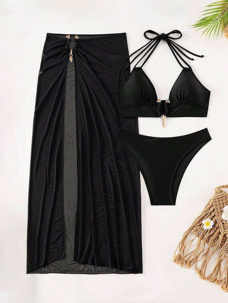 Biquíni + Saía de Praia Feminina com Anéis Preto