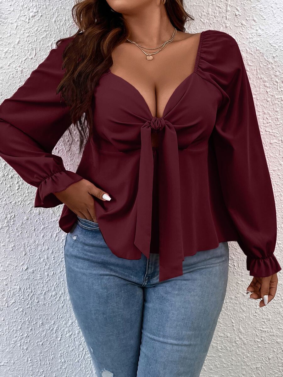 Blusa Feminina Manga Comprida e Nó Frontal Plus Size Vinho