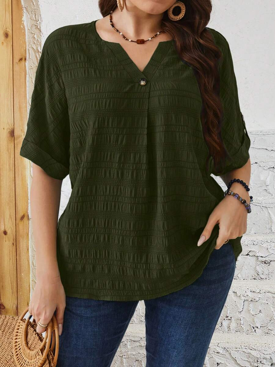  Camisa Feminina Manga Morcego e Decote V Entalhado Plus Size Verde Militar