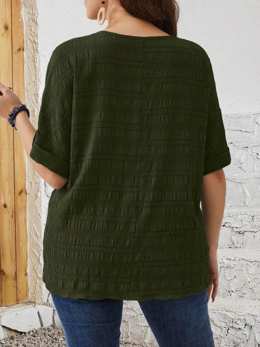  Camisa Feminina Manga Morcego e Decote V Entalhado Plus Size Verde Militar