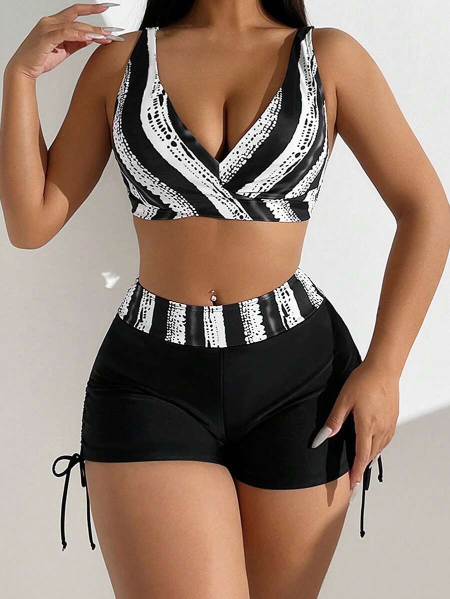 Tankini Feminino Listrado com Gola Assimétrica