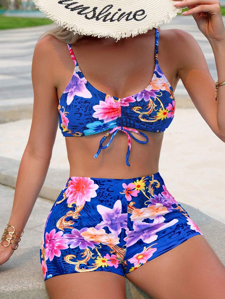 Tankini Feminino Enrugado com Alças Finas