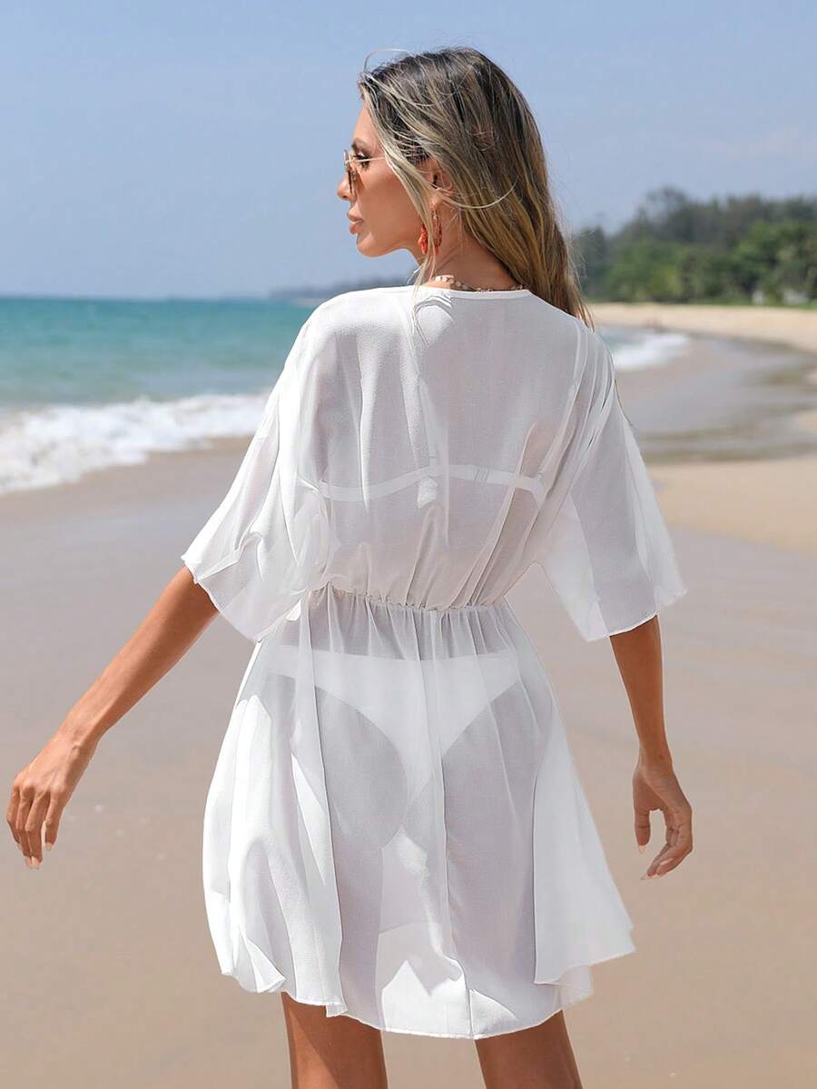 Saída de Praia Feminina Transparente Gola V Profunda Branco