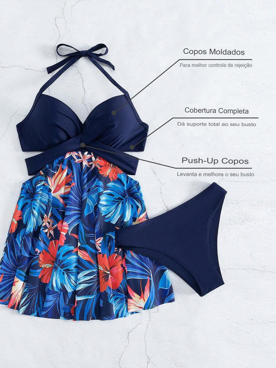 Tankini Feminino Estampa Tropical com Decote Cruzado Azul