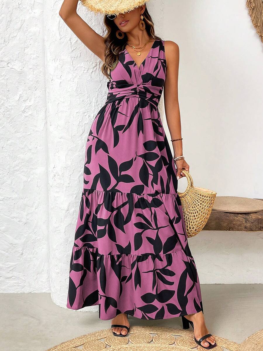 Vestido Feminino Decote em V e Bainha com Babado Rosa