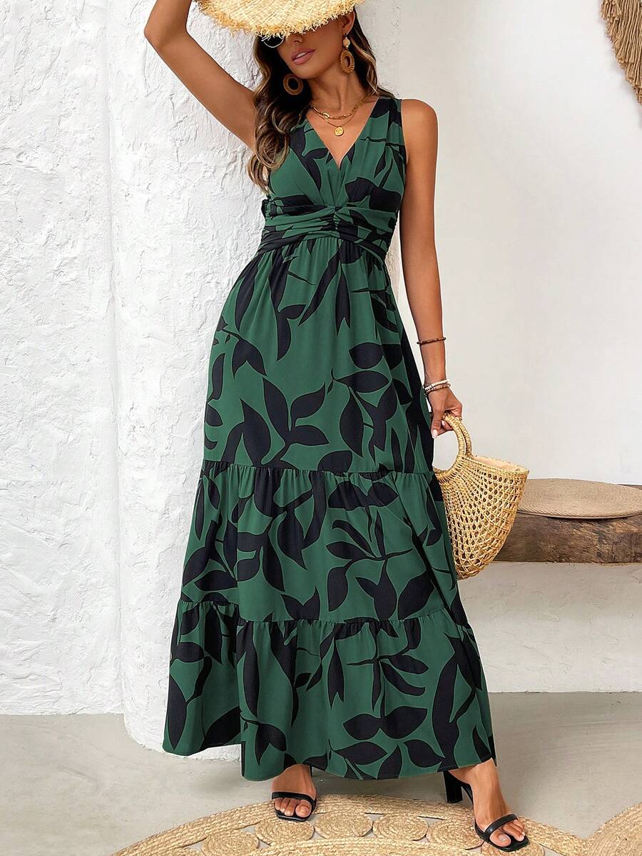 Vestido Feminino Decote em V e Bainha com Babado Verde Escuro