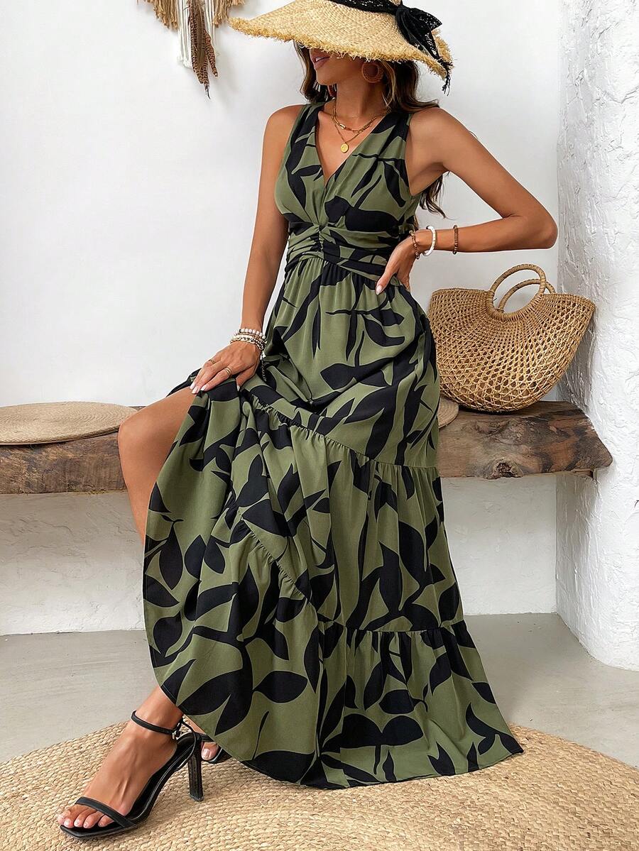 Vestido Feminino Decote em V e Bainha com Babado Verde Militar