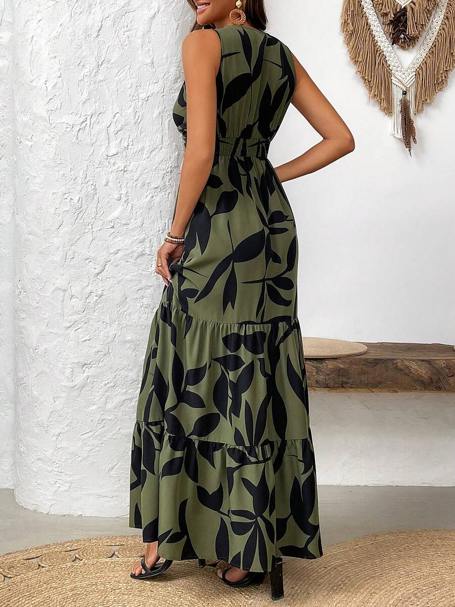 Vestido Feminino Decote em V e Bainha com Babado Verde Militar