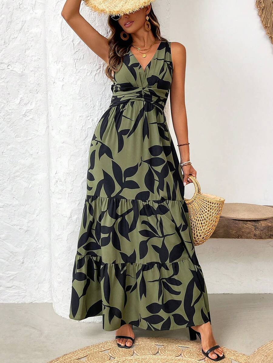 Vestido Feminino Decote em V e Bainha com Babado Verde Militar