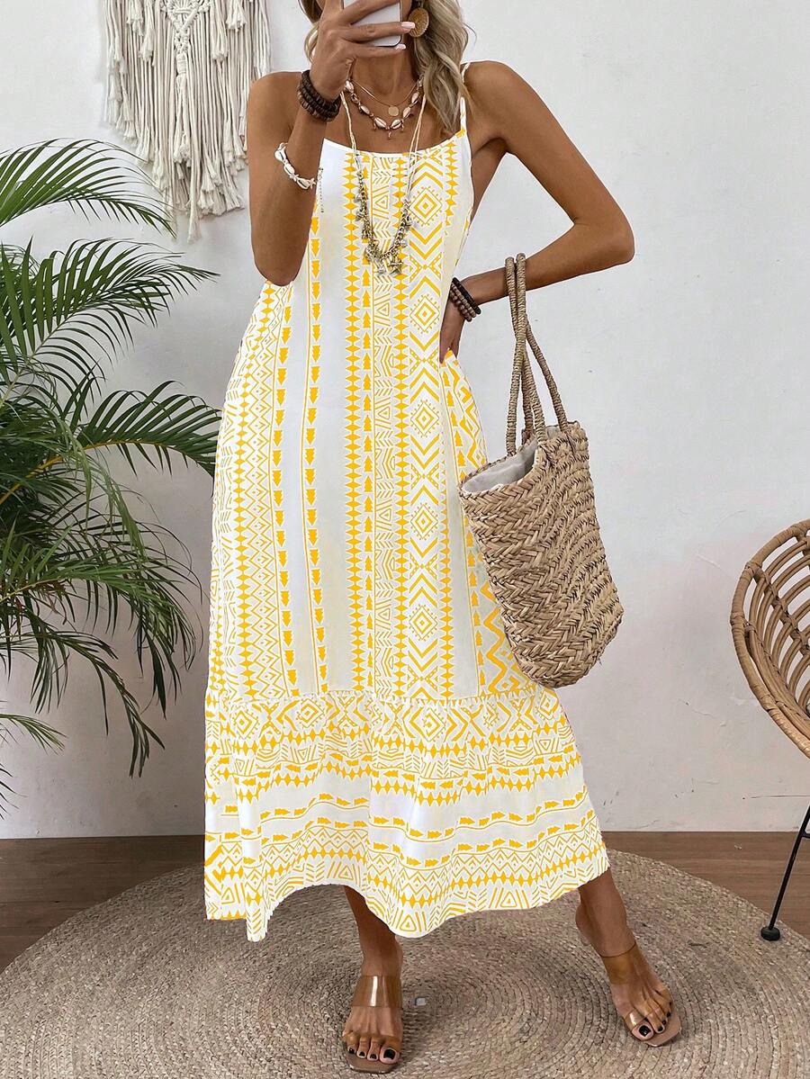 Vestido Feminino Estampa Geométrica com Babado Amarelo