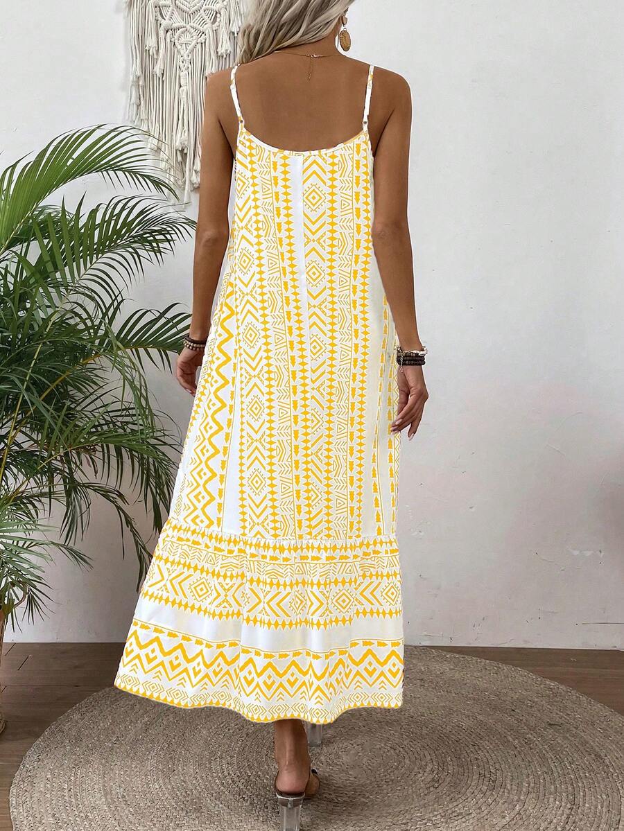 Vestido Feminino Estampa Geométrica com Babado Amarelo