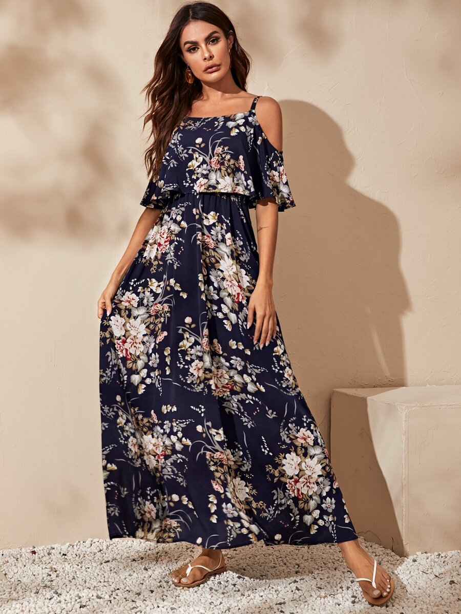 Vestido Feminino Longo Estampa Floral Azul Marinho