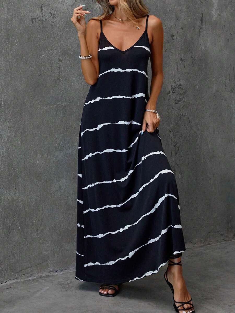 Vestido Feminino Longo Listrado Sem Mangas Azul Marinho