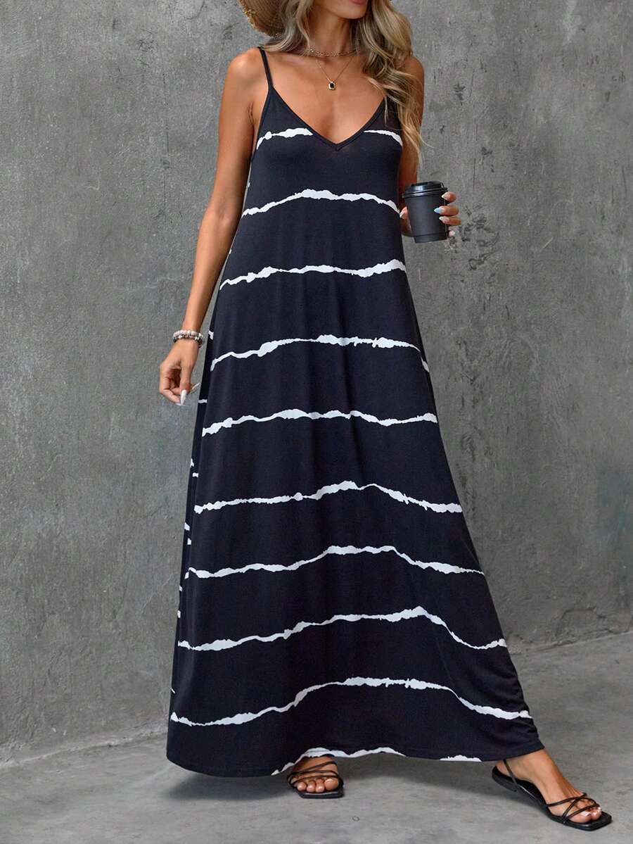 Vestido Feminino Longo Listrado Sem Mangas Azul Marinho