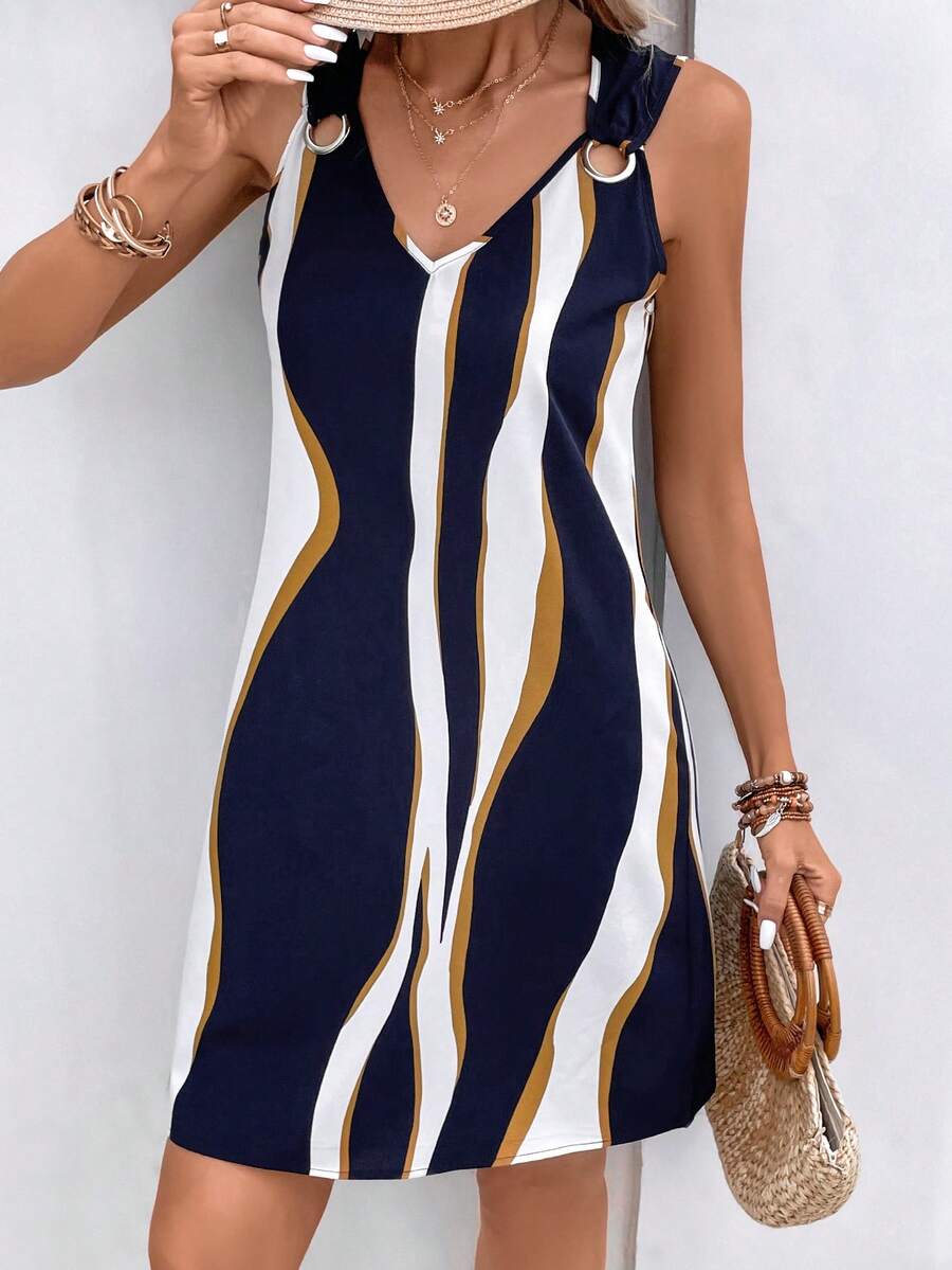 Vestido Feminino Ombros com Anel Azul Marinho